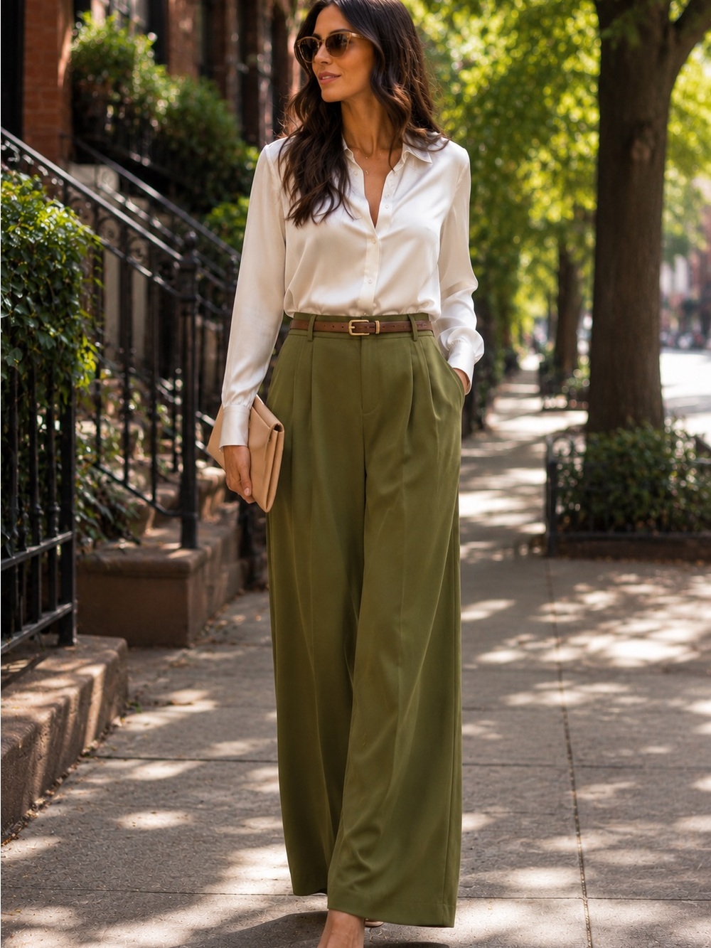 MINKPINK Olive Green High-Rise Wide Leg Tailored Trousers – Size Large